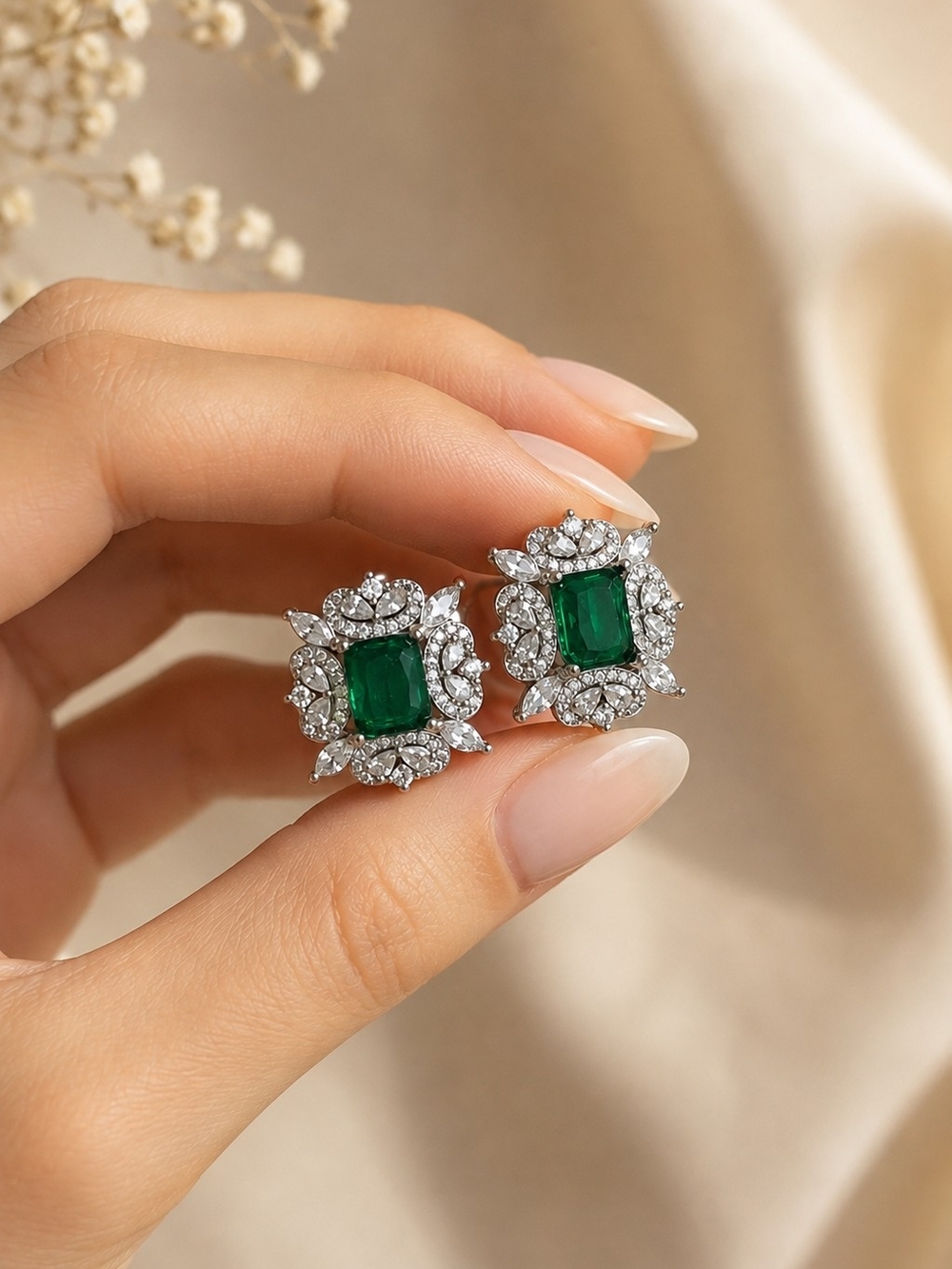 Emerald Halo Crystal Statement Earrings - Green - Picture 4 of 4